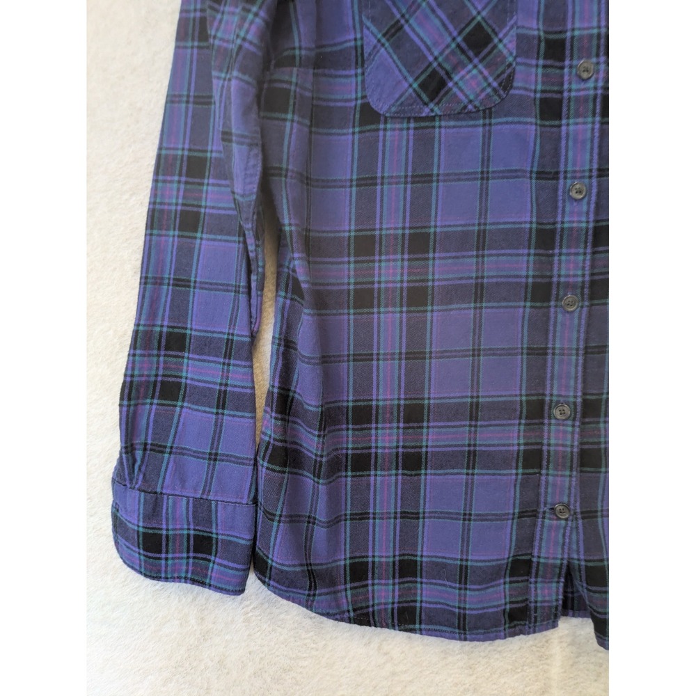 Eddie Bauer Flannel Button Front Women's Medium Purple Black Plaid Long Sleeve - Picture 2 of 8